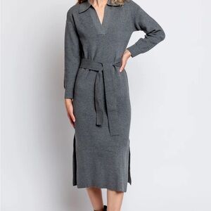 Rails knit , tie, side slits, collar, v neck Heather Gray Long Sleeve Dress